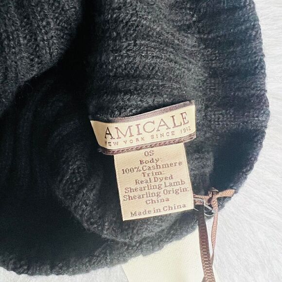 AMICALE Cashmere Genuine Shearling Pompom Beanie Hat, Color: Black, One Size NWT - Picture 6 of 6